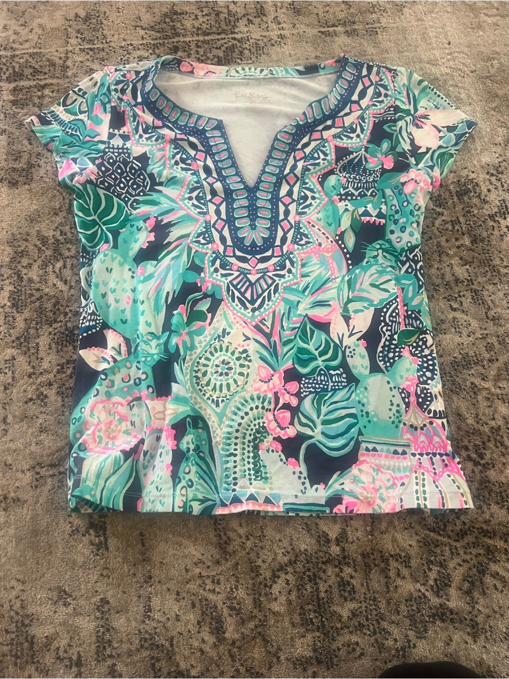 Lilly Pulitzer Short Sleeve V-Neck Top - Teal, Navy & Pink